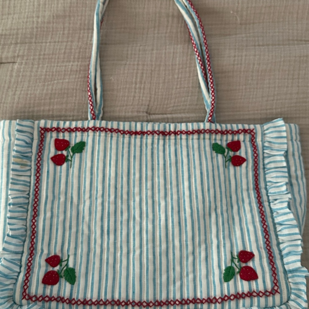 Pink City Prints Quilted Striped Blue and White Tote with Strawberry Embroidery